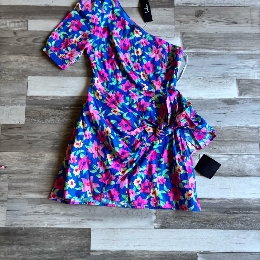 Lulu's Blue Floral One-Shoulder Dress with Pink & Yellow Bloom